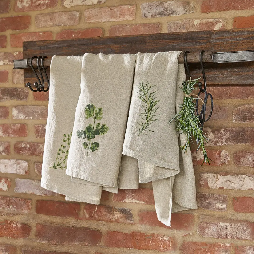 Loberon Theedoekset 3 Stuks Herbal Gardens - Beige/Groen