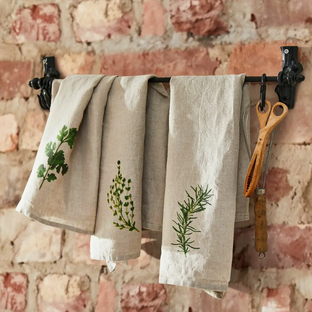 Loberon Theedoekset 3 Stuks Herbal Gardens - Beige/Groen
