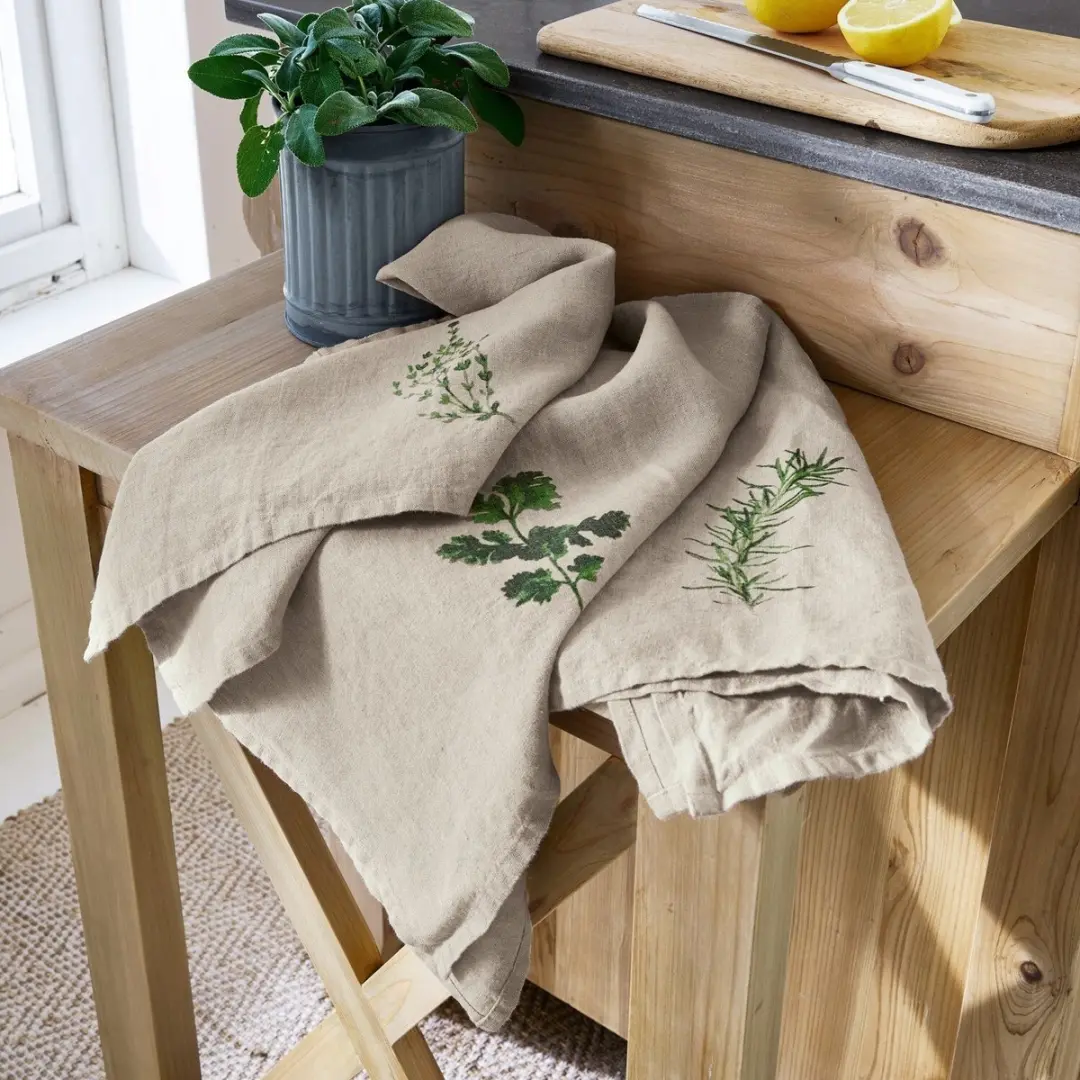 Loberon Theedoekset 3 Stuks Herbal Gardens - Beige/Groen