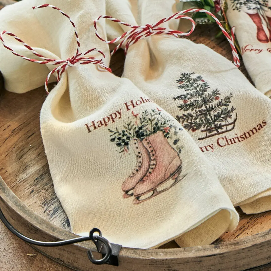 Loberon Servetset 4 Stuks - Merry & Bright - Beige/Rood