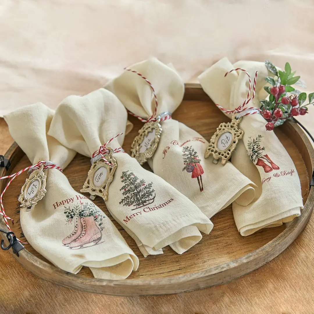 Loberon Servetset 4 Stuks - Merry & Bright - Beige/Rood
