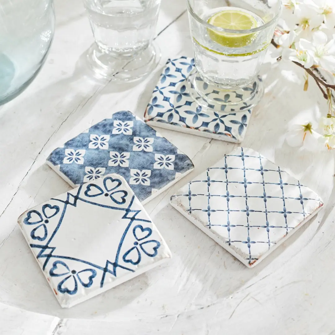 Loberon Onderzetter Set 4 Stuks - Wit/Blauw