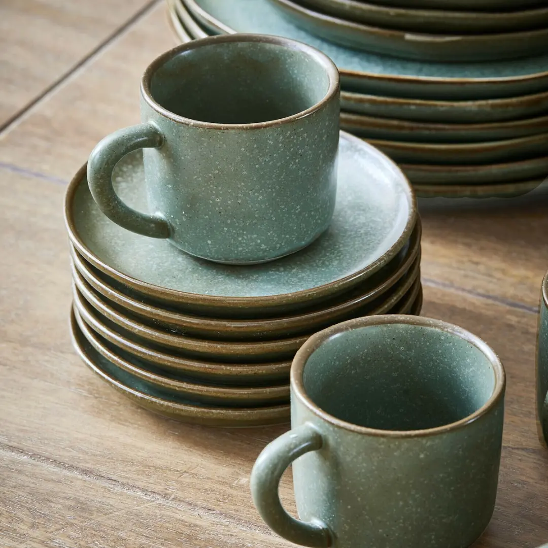 Loberon Biarré Kopjes & Schoteltjes Set 6-delig - Turquoise/Bruin