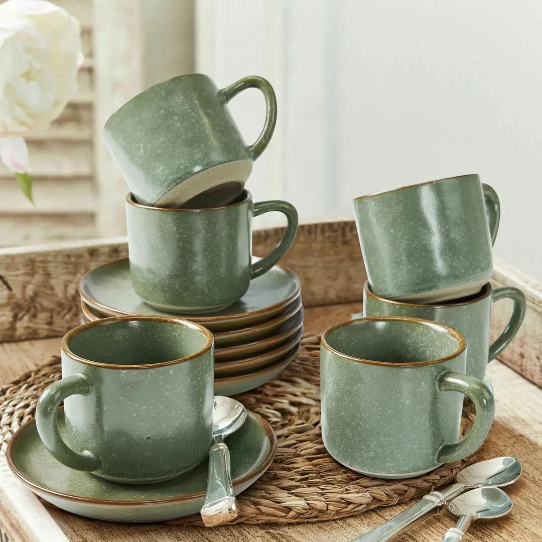 Loberon Biarré Kopjes & Schoteltjes Set 6-delig - Turquoise/Bruin