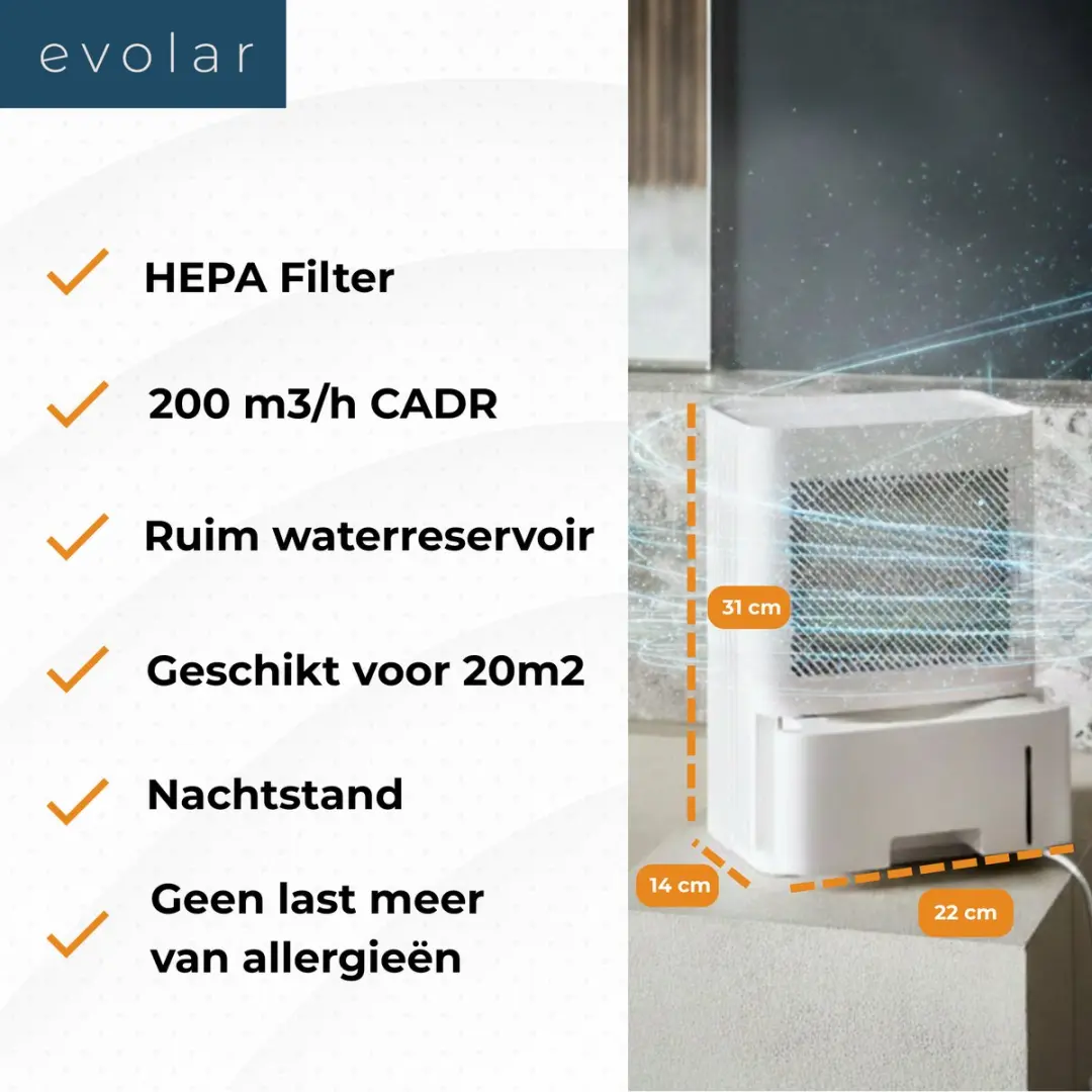 Evolar EVO-DH65 Luchtreiniger Ontvochtiger 200 CADR - Wit - afbeelding 6 van 6