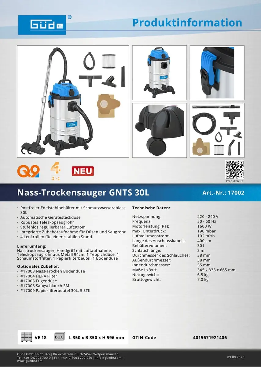 Güde GNTS 30L Nat-Droogzuiger 30L - Inschakelautomaat - Blauw/Zilver - afbeelding 2 van 6