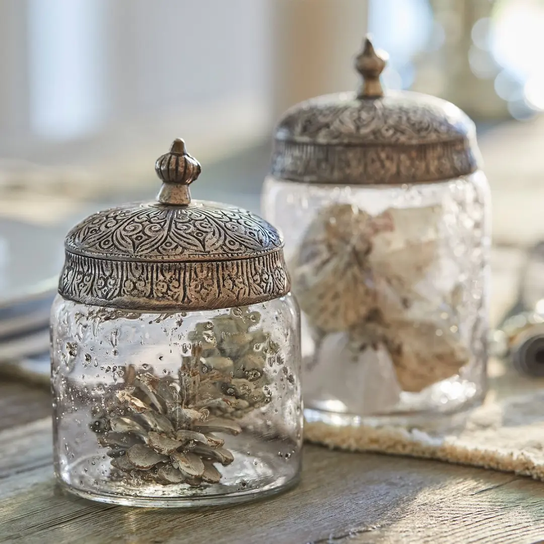 Loberon Glazen Pot Set 2-delig - 10cm - Heldere/Zilverkleur