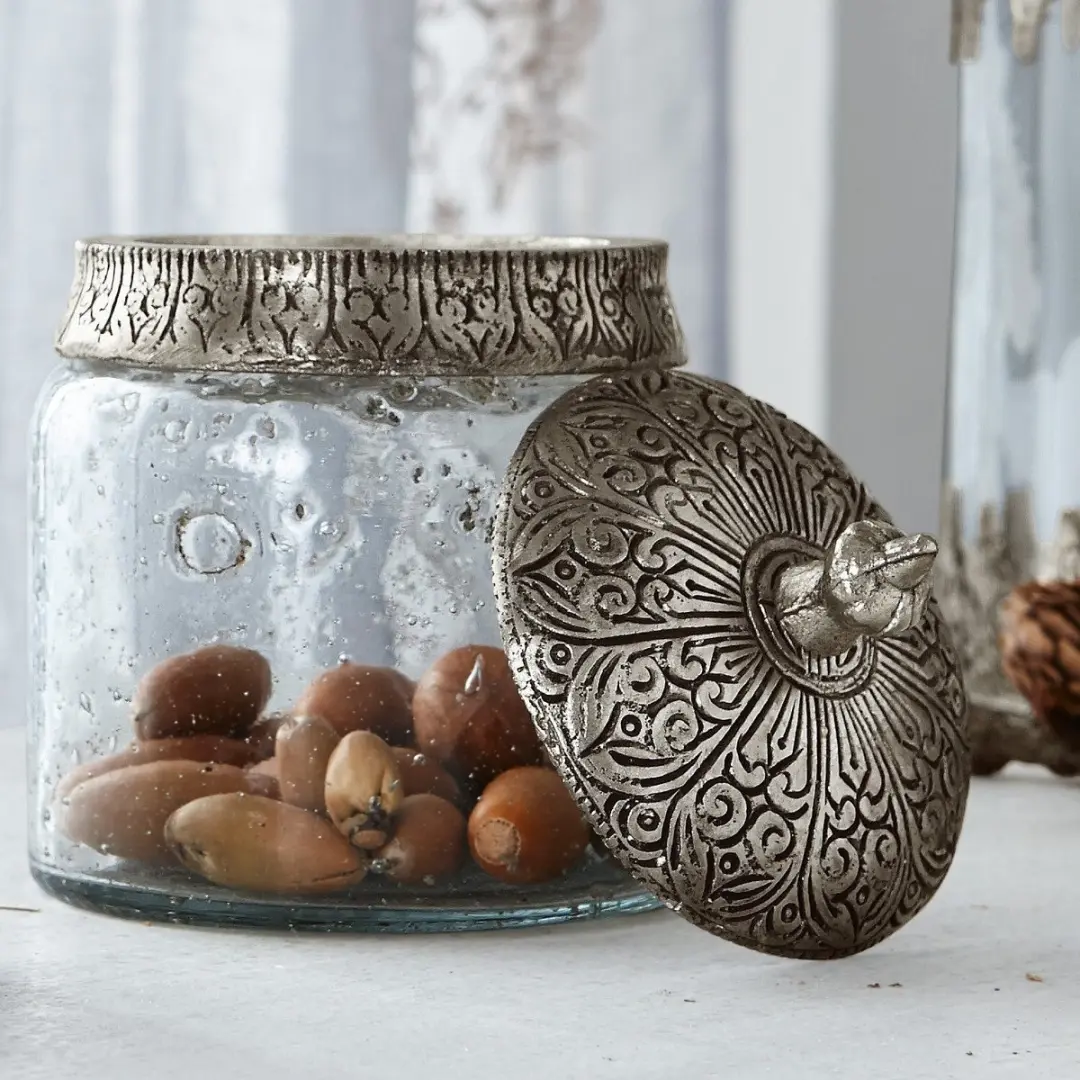 Loberon Glazen Pot Set 2-delig - 10cm - Heldere/Zilverkleur