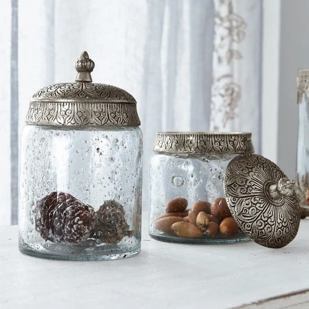 Loberon Glazen Pot Set 2-delig - 10cm - Heldere/Zilverkleur