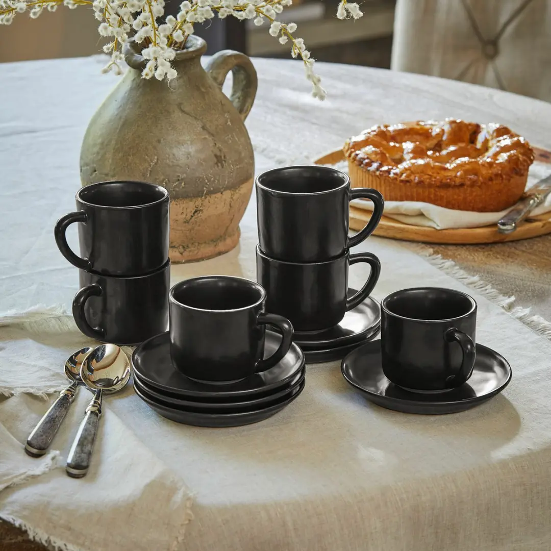 Loberon Biarré Kopjes & Schoteltjes Set - 6-delig - Zwart