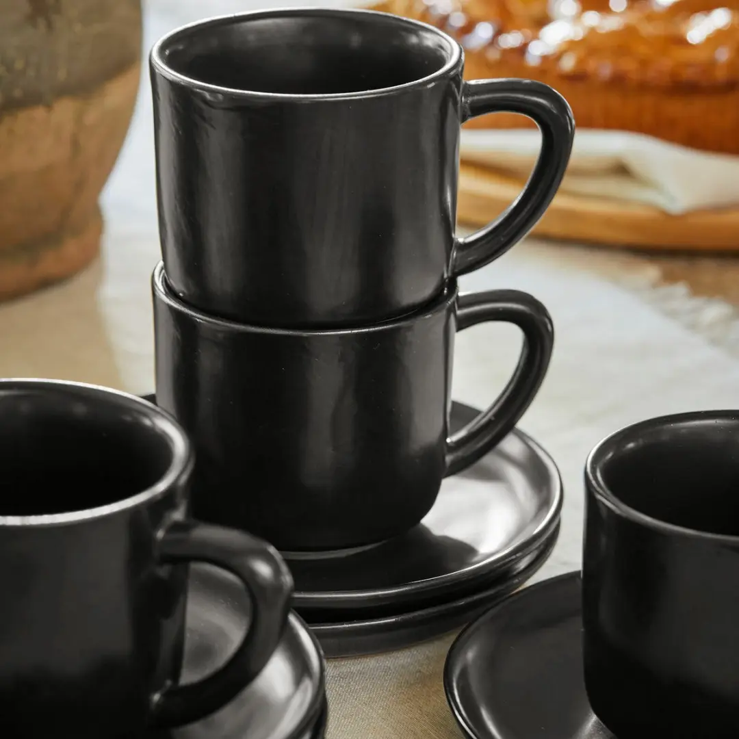 Loberon Biarré Kopjes & Schoteltjes Set - 6-delig - Zwart