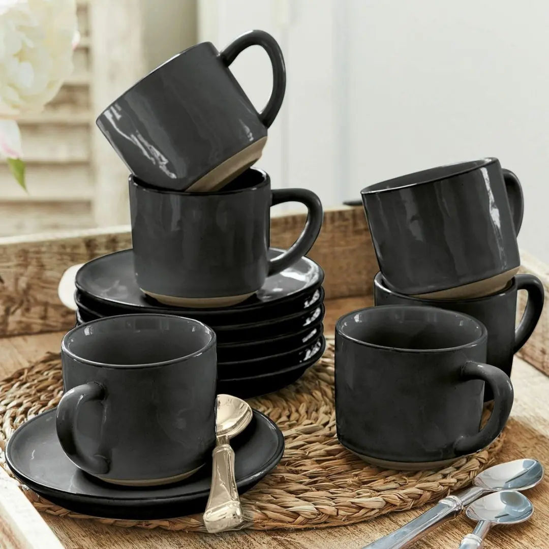 Loberon Biarré Kopjes & Schoteltjes Set - 6-delig - Zwart
