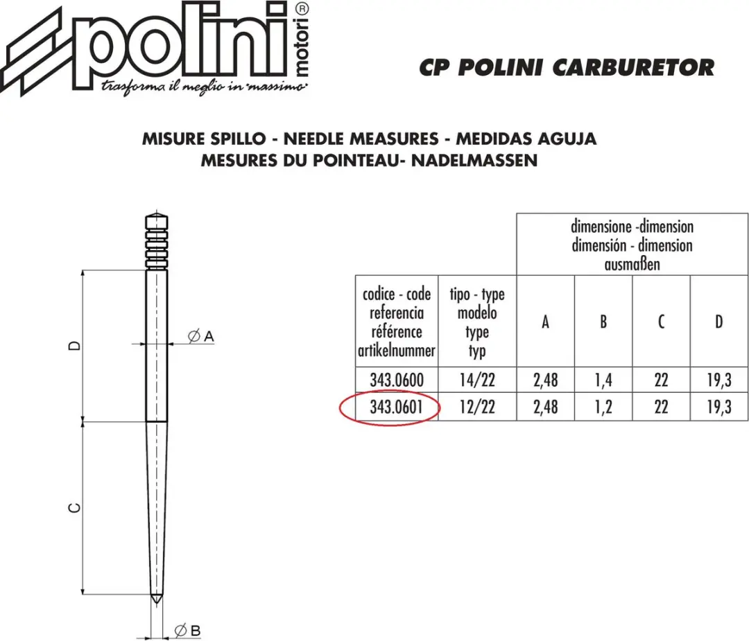 Polini CP 12/22 Aiguille carburateur Moto