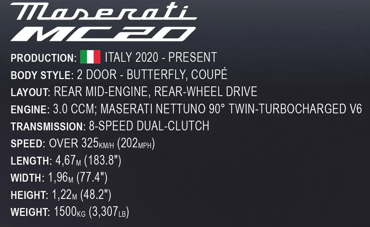 Cobi Maserati MC20 Exe Edition 1:12 Bouwpakket - 2468 Stuks - Meerkleurig - afbeelding 6 van 6