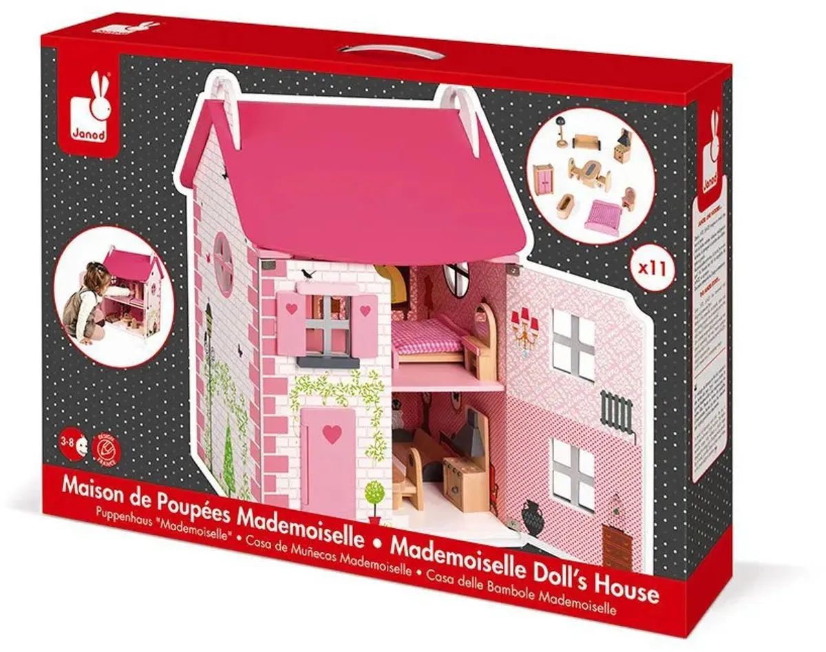 Janod Mademoiselle Houten Poppenhuis 3 Verdiepingen - 10 Meubels - Roze