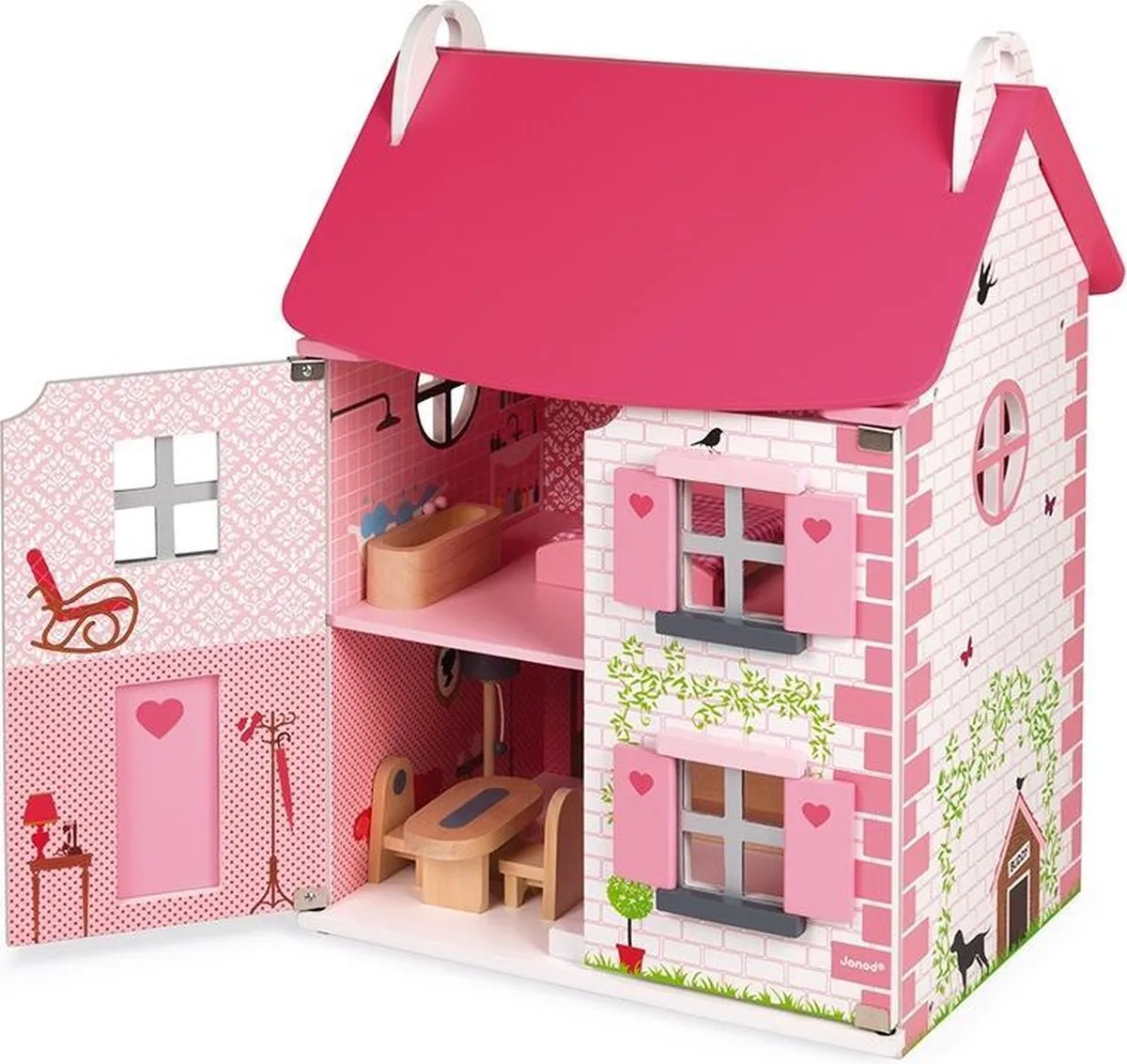 Janod Mademoiselle Houten Poppenhuis 3 Verdiepingen - 10 Meubels - Roze