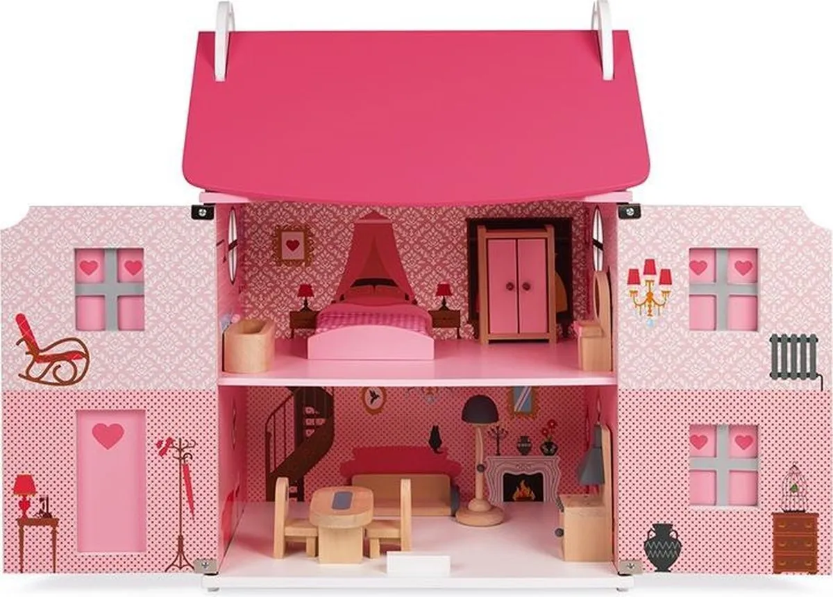 Janod Mademoiselle Houten Poppenhuis 3 Verdiepingen - 10 Meubels - Roze