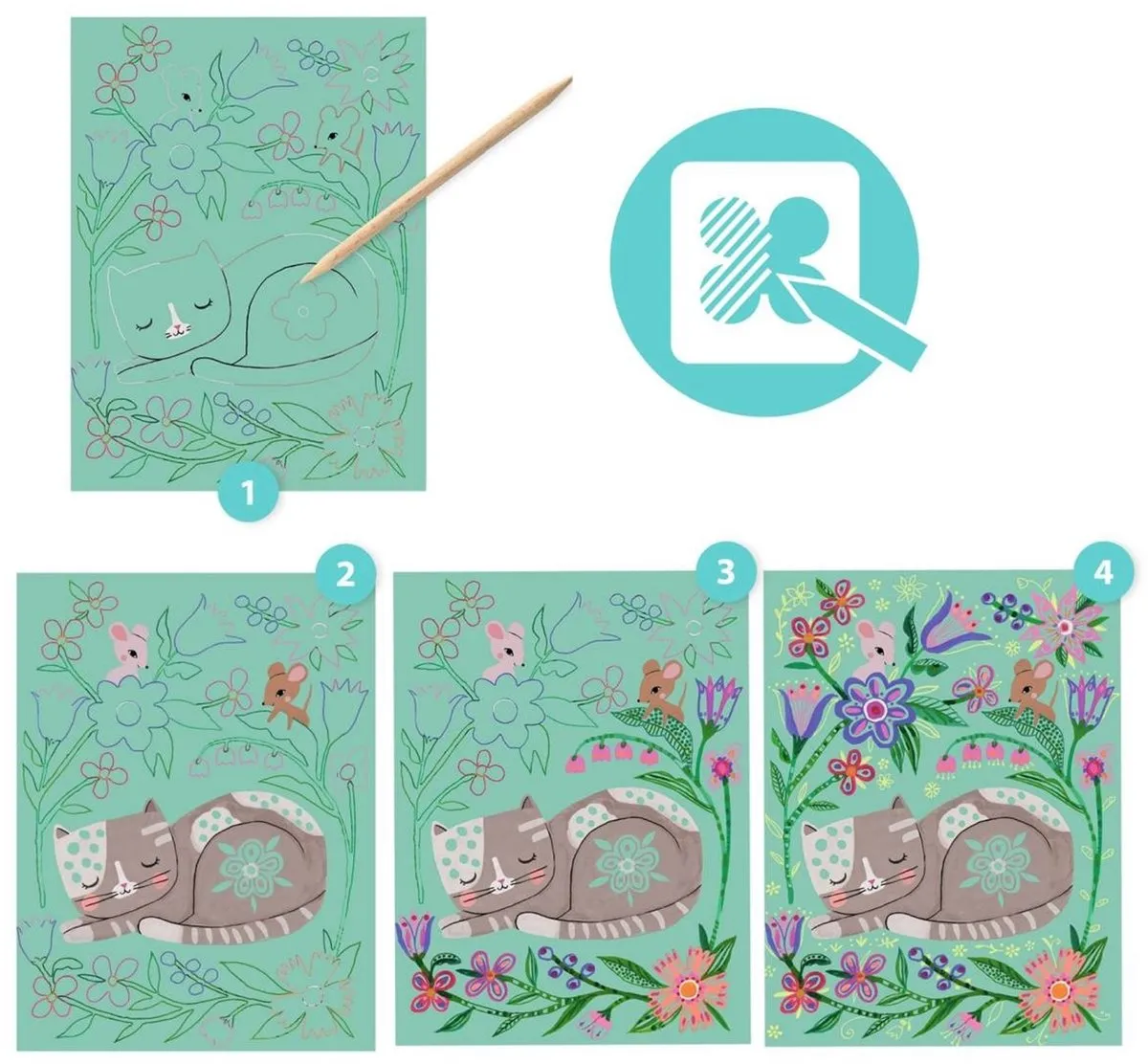 Djeco Kraskaarten Ontmoetingen Knutselpakket - 4 Stuks Multicolor - afbeelding 2 van 5