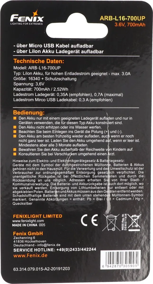 Fenix ARB-L16-700UP Li-ionbatterij 700mAh - USB-oplaadbaar - afbeelding 2 van 6