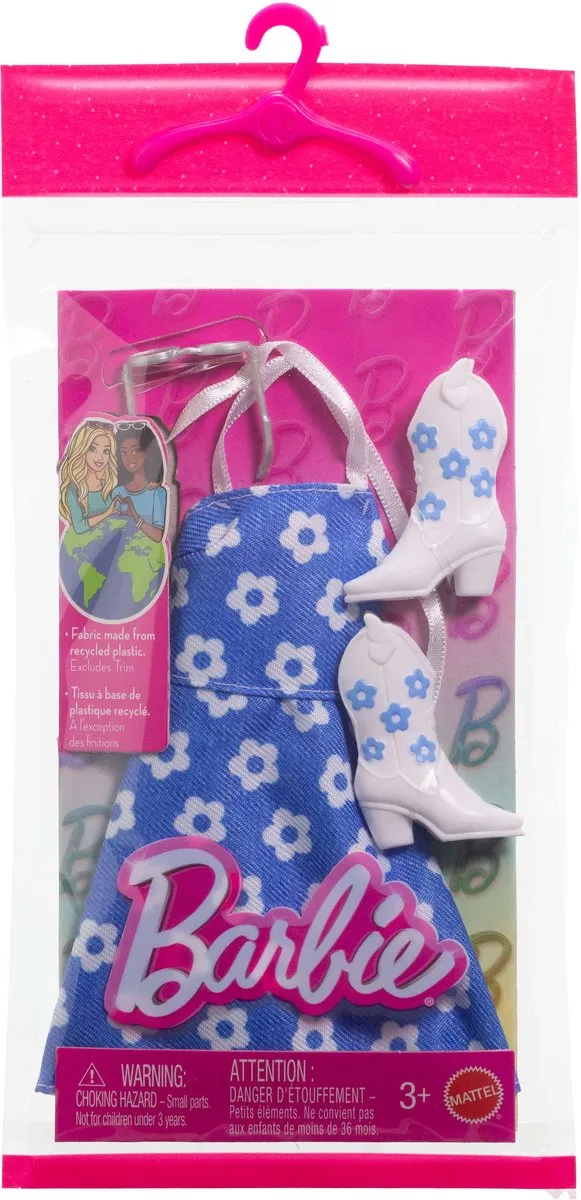 Barbie HYV22 Outfit - Blauwe jurk met witte laarzen & zonnebril