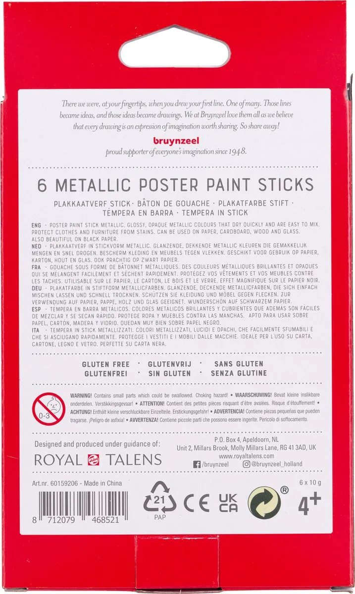 BRUYNZEEL Plakkaatverf Sticks Metallic - 6 Kleuren