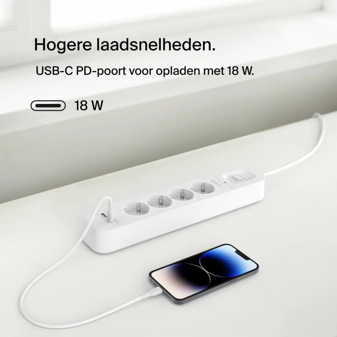 Belkin Spanningsbeveiliger 4 Stopcontacten Wit 2M - USB-C+USB-A - afbeelding 4 van 6