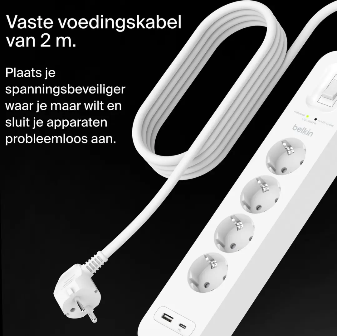 Belkin Spanningsbeveiliger 4 Stopcontacten Wit 2M - USB-C+USB-A - afbeelding 3 van 6