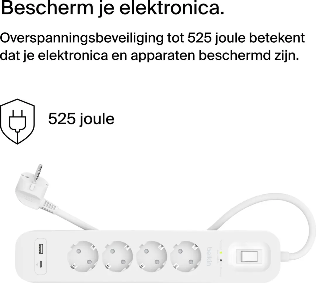 Belkin Spanningsbeveiliger 4 Stopcontacten Wit 2M - USB-C+USB-A - afbeelding 2 van 6