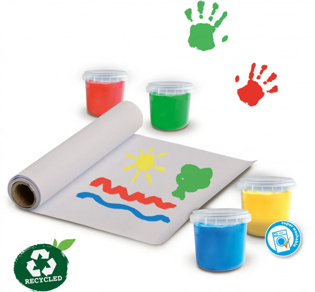 SES Creative Eco Vingerverf Set - 4 Kleuren Uitwasbaar - R-PET Schort & Papierrol