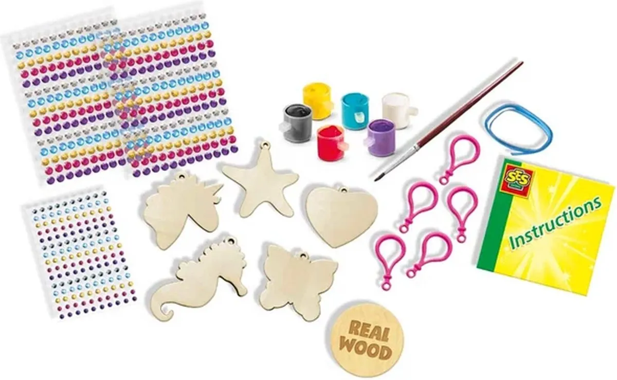 SES Creative Hobby Pink Diamond Painting Houten Sleutelhangers - 560 Stickers & 6 Kleuren Verf