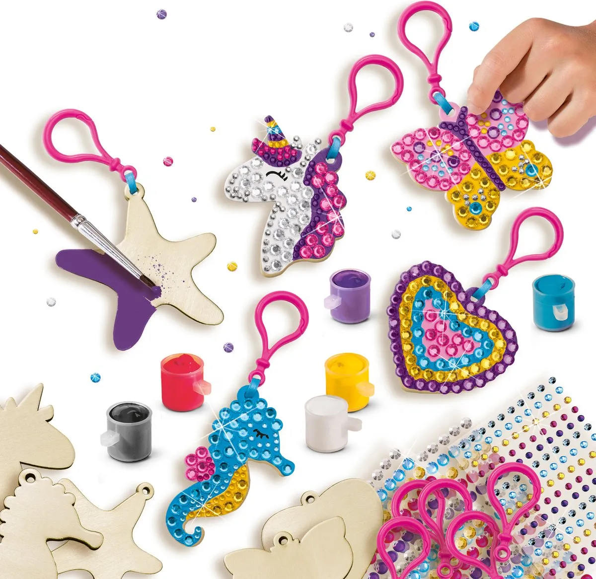 SES Creative Hobby Pink Diamond Painting Houten Sleutelhangers - 560 Stickers & 6 Kleuren Verf