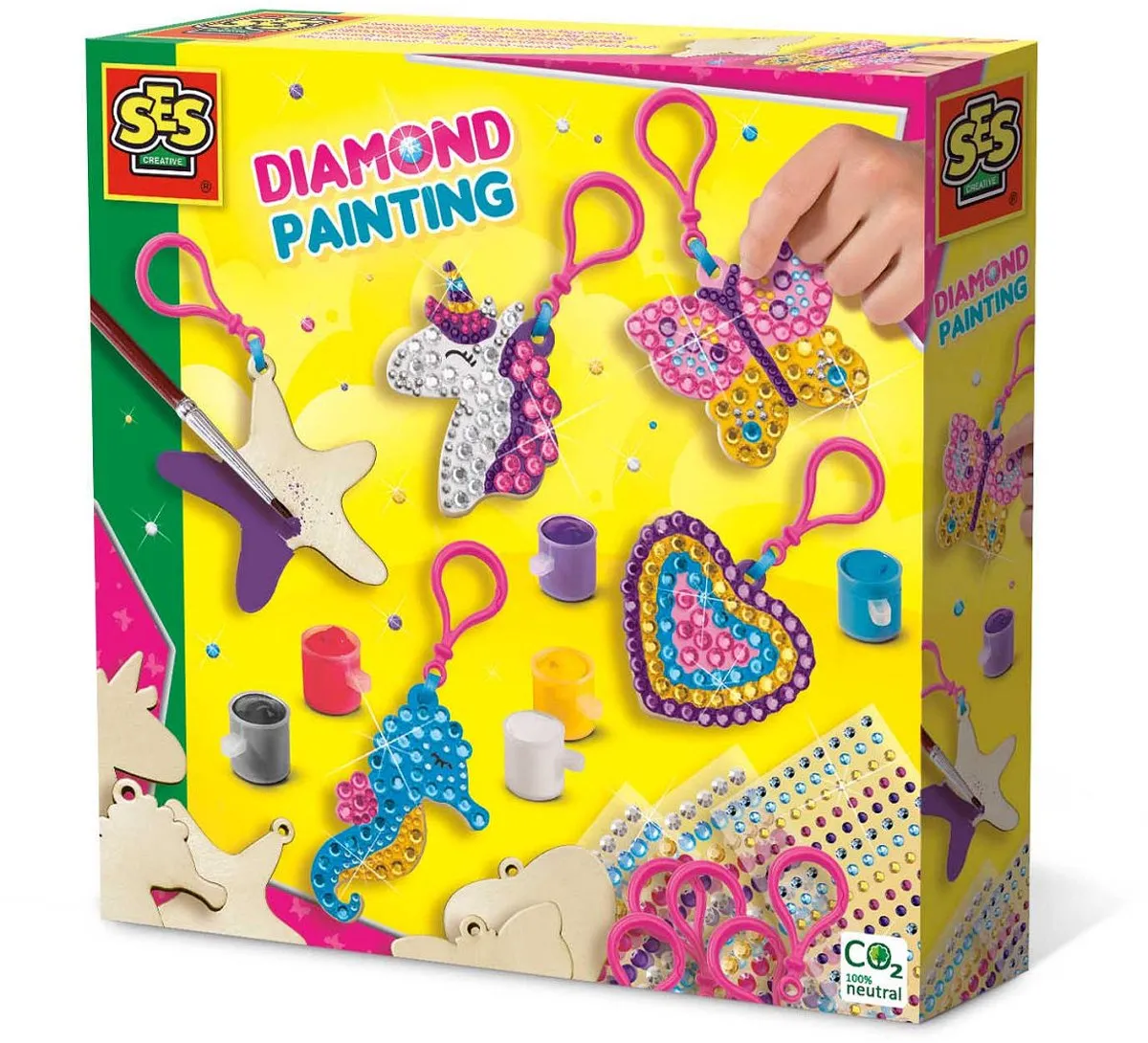 SES Creative Hobby Pink Diamond Painting Houten Sleutelhangers - 560 Stickers & 6 Kleuren Verf