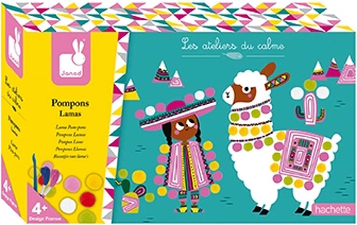 Janod Lama Pom-poms - 3 Plakplaten met 200 Pompoms - Vanaf 4 jaar