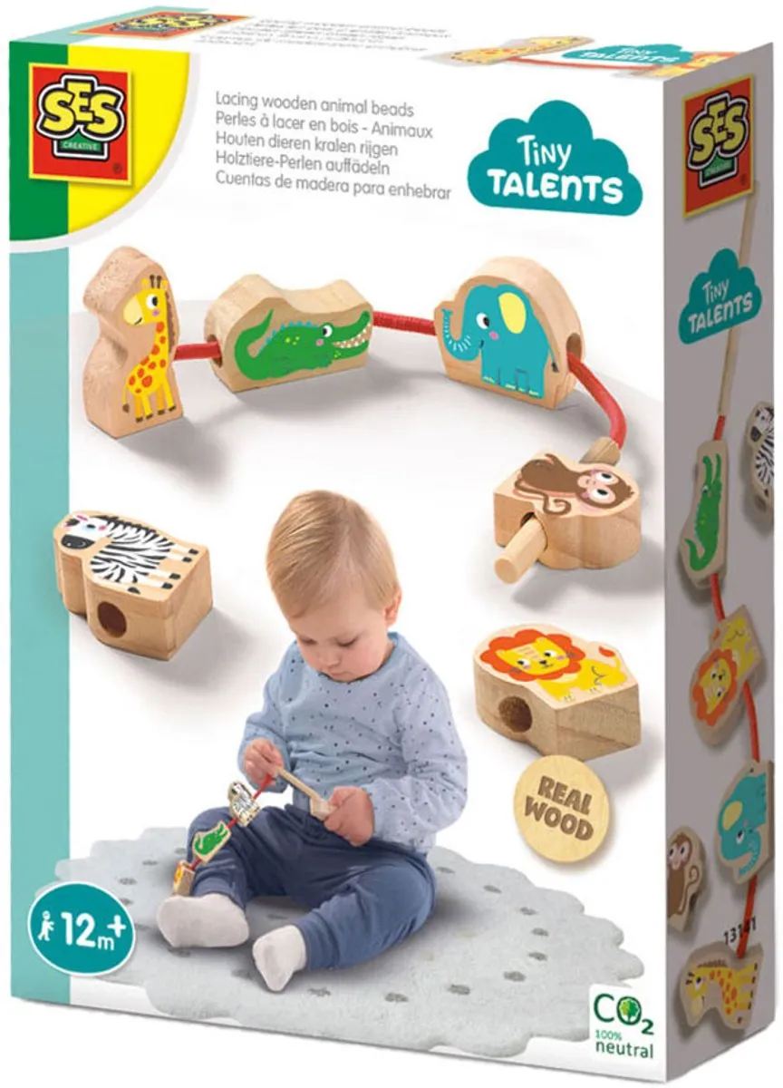 SES Creative Tiny Talents Houten Dierenkralen Rijgen - 6 Stuks