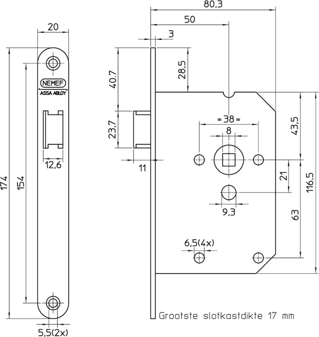 Nemef Loopslot 1255/3 Voorplaat - Doornmaat 50mm - Zwart - afbeelding 2 van 3