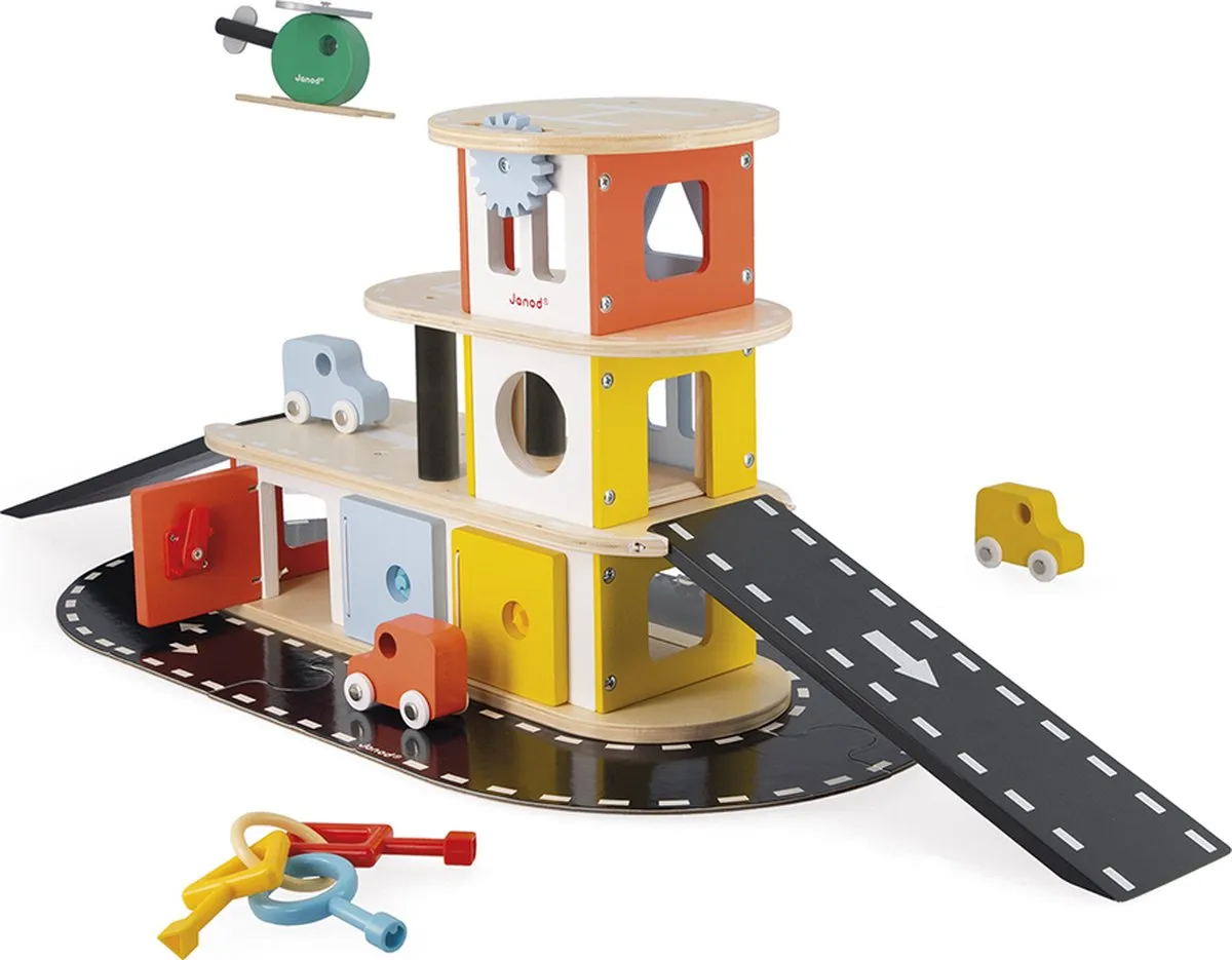 Janod Bolid Houten Garage J04636 - 3 Auto's & Helikopter - 3 Verdiepingen - afbeelding 6 van 6