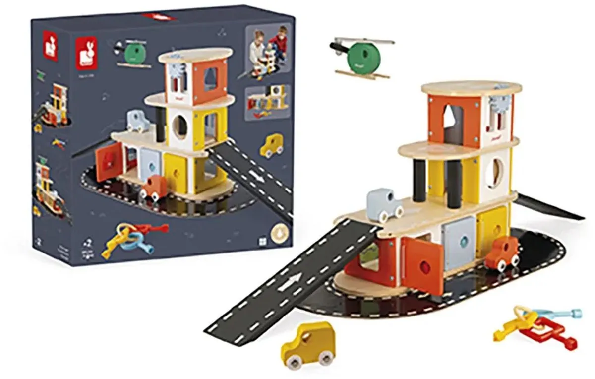 Janod Bolid Houten Garage J04636 - 3 Auto's & Helikopter - 3 Verdiepingen