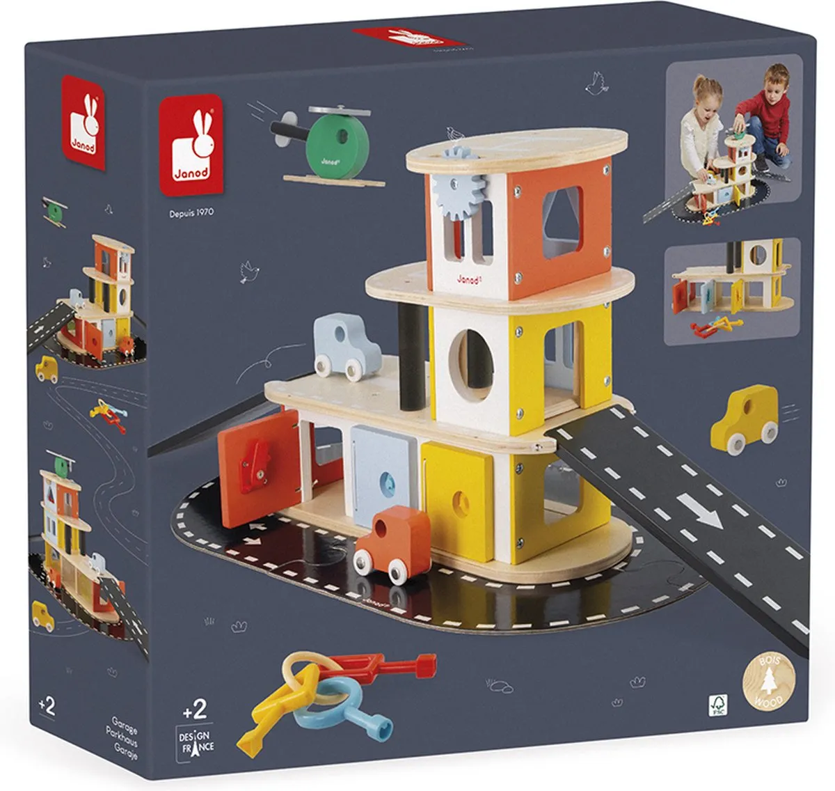 Janod Bolid Houten Garage J04636 - 3 Auto's & Helikopter - 3 Verdiepingen
