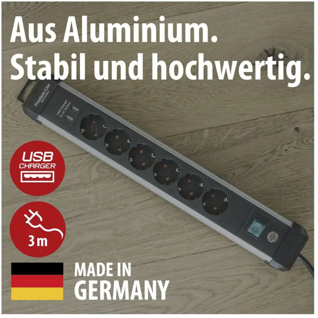 Brennenstuhl Premium Alu-Line Stekkerdoos 6-voudig 3m - Zilver/Zwart