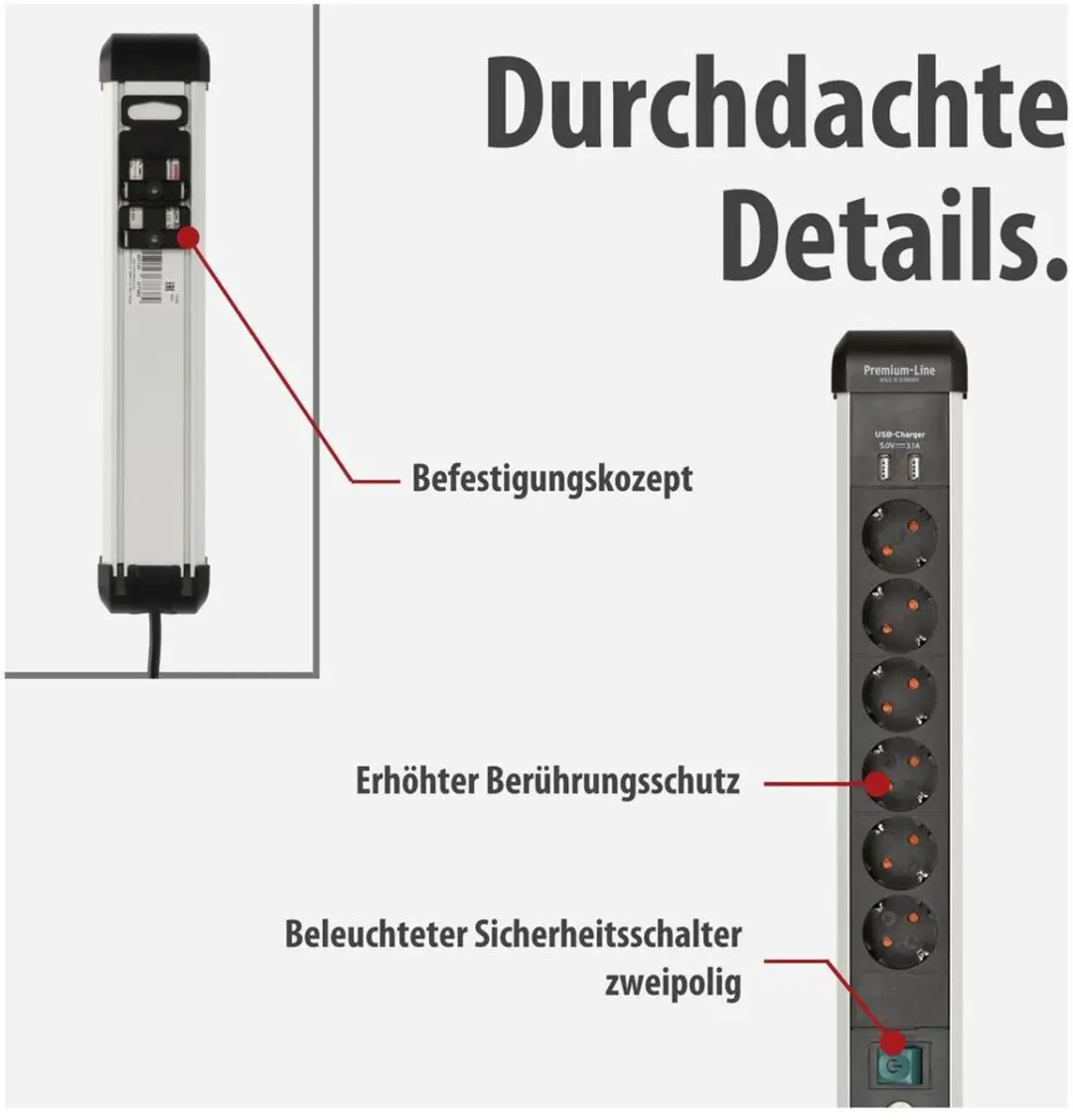 Brennenstuhl Premium Alu-Line Stekkerdoos 6-voudig 3m - Zilver/Zwart