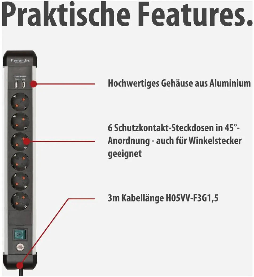 Brennenstuhl Premium Alu-Line Stekkerdoos 6-voudig 3m - Zilver/Zwart