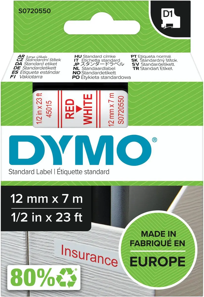 DYMO D1 S0720550 Rode Tekst op Wit Label 12mm x 7m