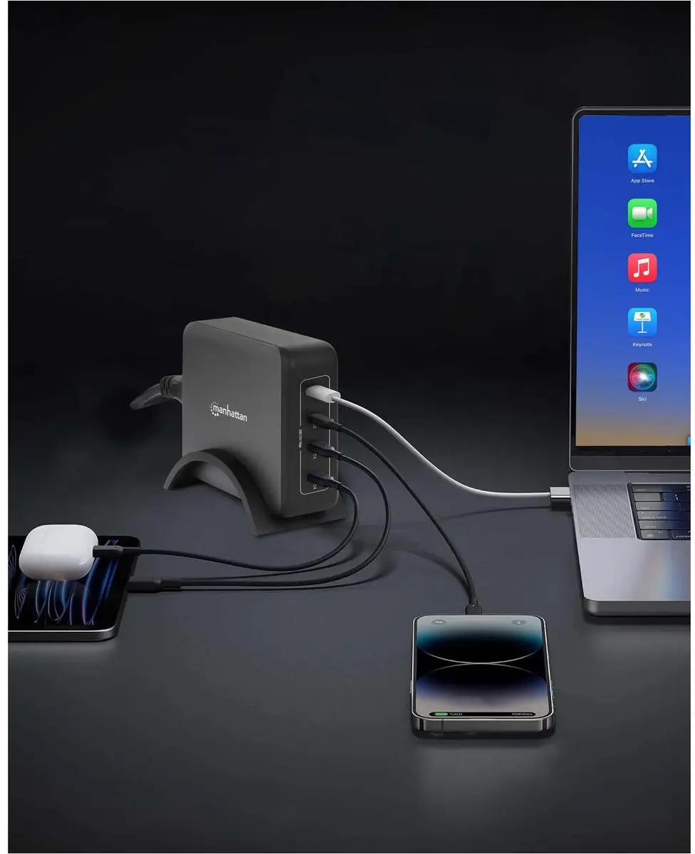 Manhattan M2.MHTHUB1 GaN USB-C Oplaadstation 240W - Zwart - afbeelding 4 van 6