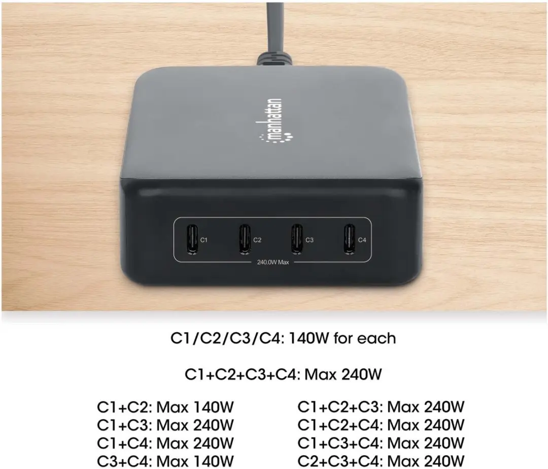 Manhattan M2.MHTHUB1 GaN USB-C Oplaadstation 240W - Zwart - afbeelding 5 van 6