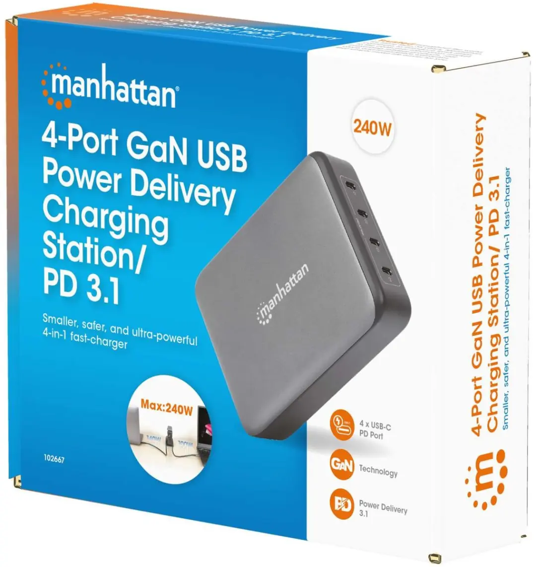 Manhattan M2.MHTHUB1 GaN USB-C Oplaadstation 240W - Zwart - afbeelding 6 van 6