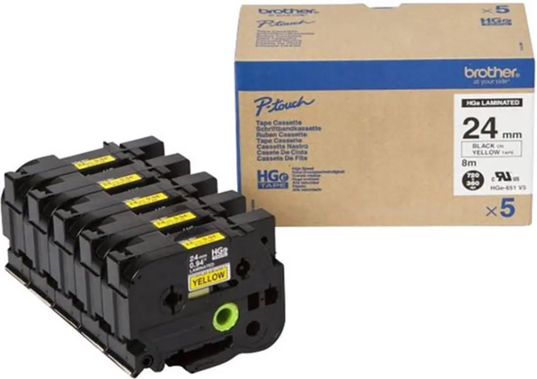 Brother HGE-651V5 Tape - 24mm - 5 Stuks - Zwart/Geel