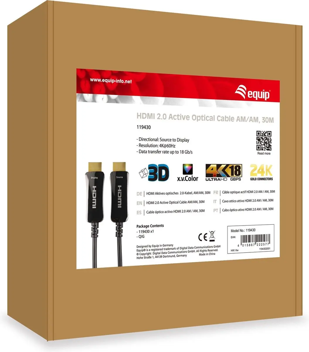 Equip 119430 HDMI 2.0 Active Optical Kabel 30m - Zwart - afbeelding 4 van 4