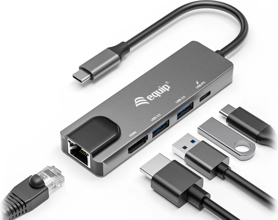 Equip 133489 USB-C 5-in-1 Adapter - HDMI/Gigabit LAN/USB 3.2 - 100W - Grijs - afbeelding 4 van 6