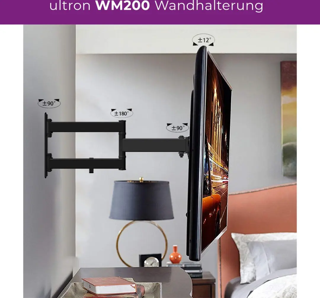 Ultron WM200 TV Muurbeugel - Zwenk- en kantelbaar 35kg - VESA 100x100/200x200/200x300 - Zwart - afbeelding 4 van 6