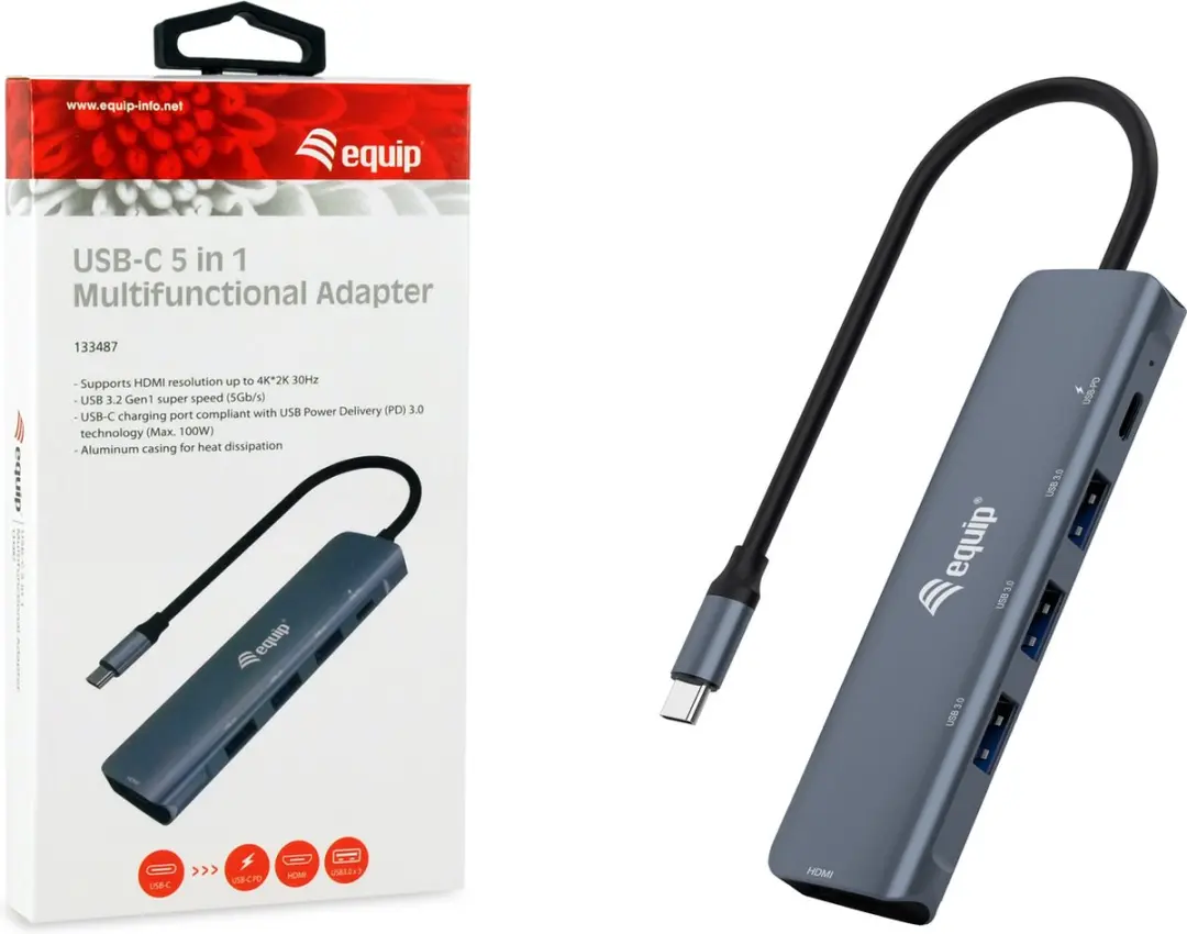 Equip 133487 Interface Hub USB-C 5Gbps - Zwart/Grijs - afbeelding 2 van 4